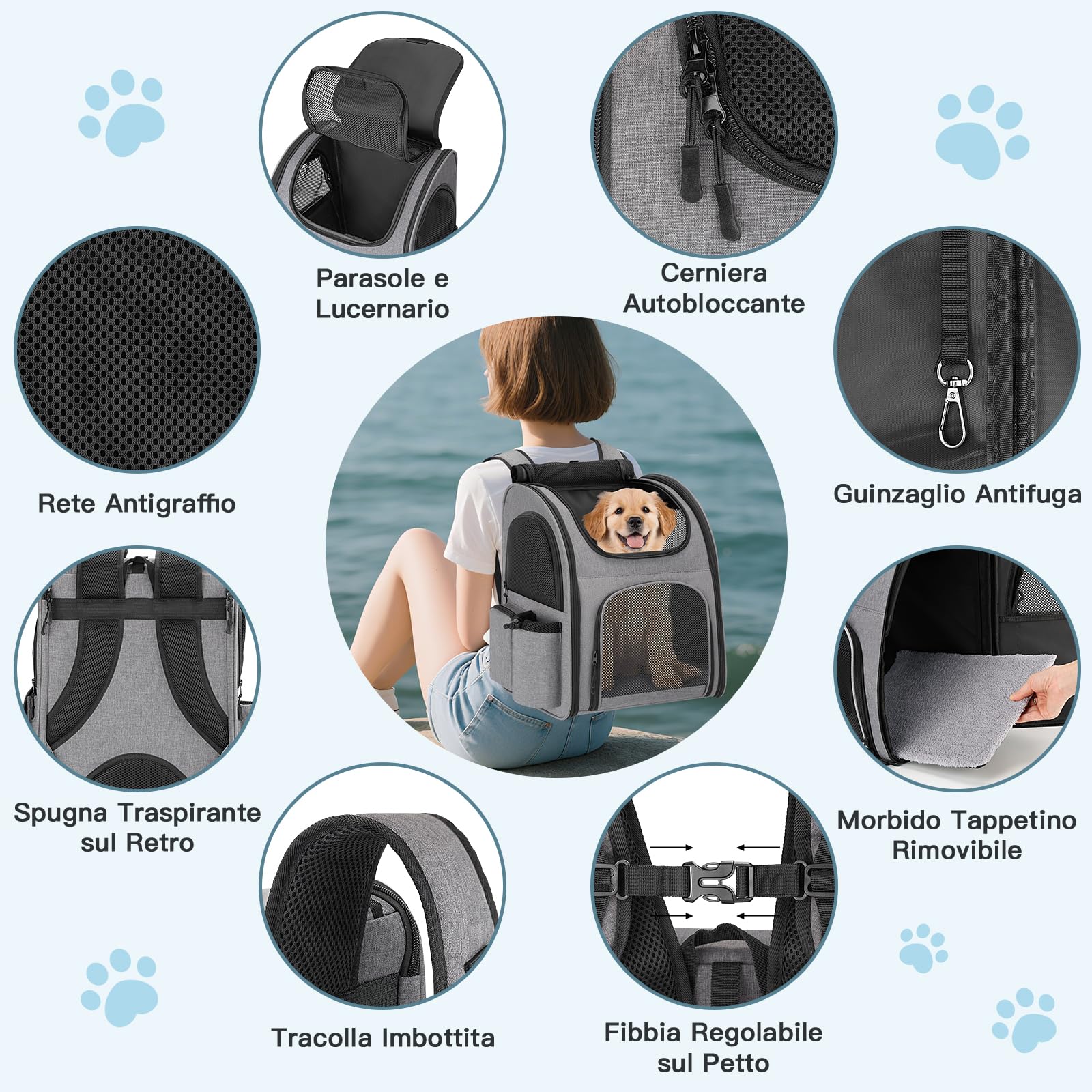 Zaino per Cani Gatti, Grande Zaino Gatto Cane 10 kg, Traspirante Zaino Porta Cane Gatto con Finestra a Rete, Zaino Trasportino Cani Gatto con Guinzaglio Interno e Tappetino per Viaggi - Grigio