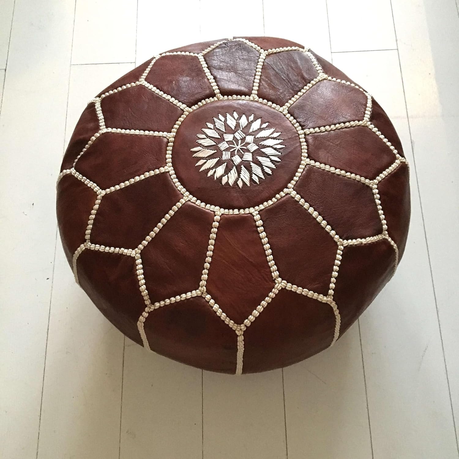 Embroidered Moroccan Leather Pouf Ottoman | Unstuffed Round Footstool for Living Room or Bedroom | Boho Foot Rest Under Desk | Perfect Housewarming or Wedding Gift (Brown)