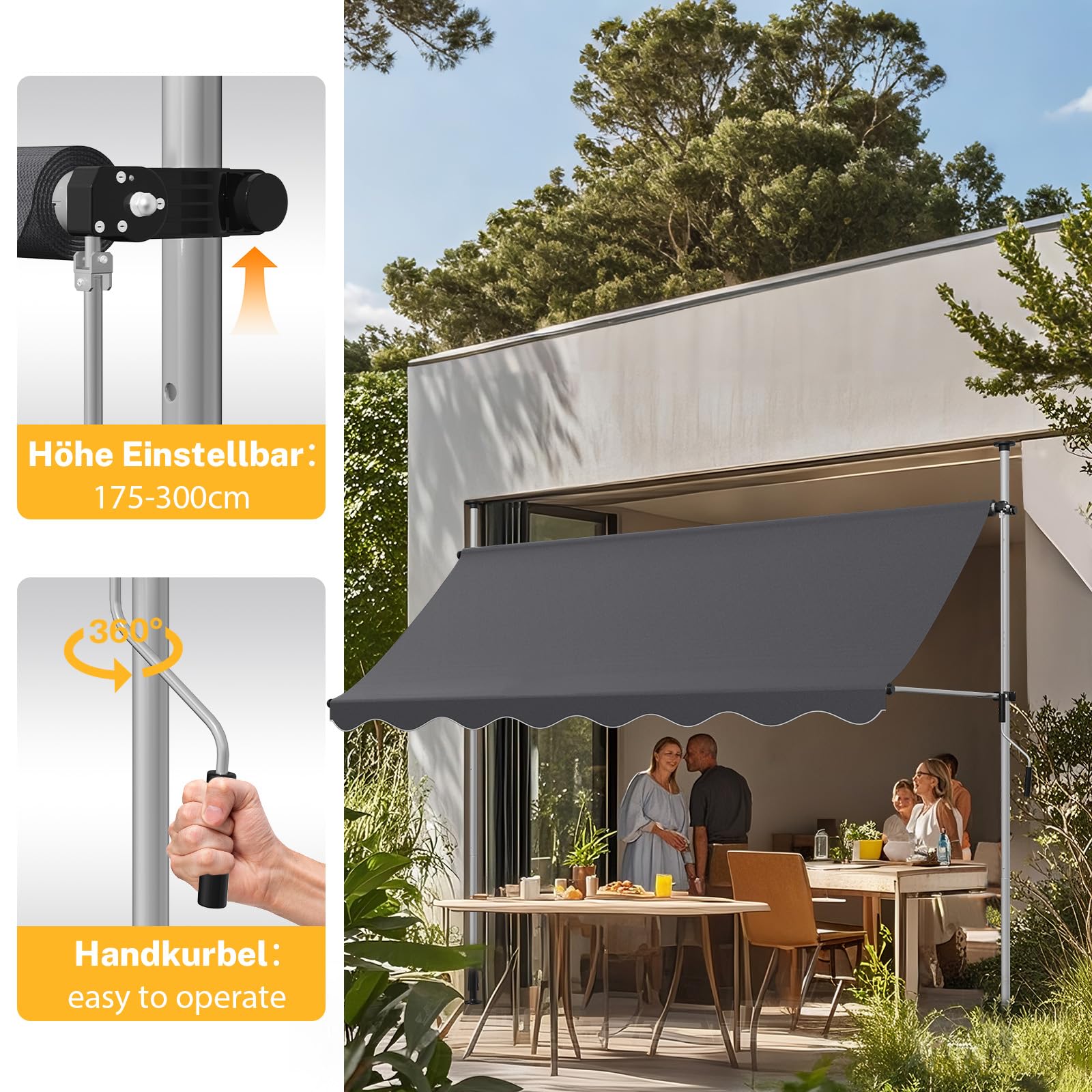Klemmmarkise Sonnenschutz, Dein Flexibler Schattenspender, Markise Balkon ohne Bohren 300 cm Breit, Markise Balkon Höhenverstellbar & Winkelverstellbar & UV-beständig & Wetterfest (Anthrazit)