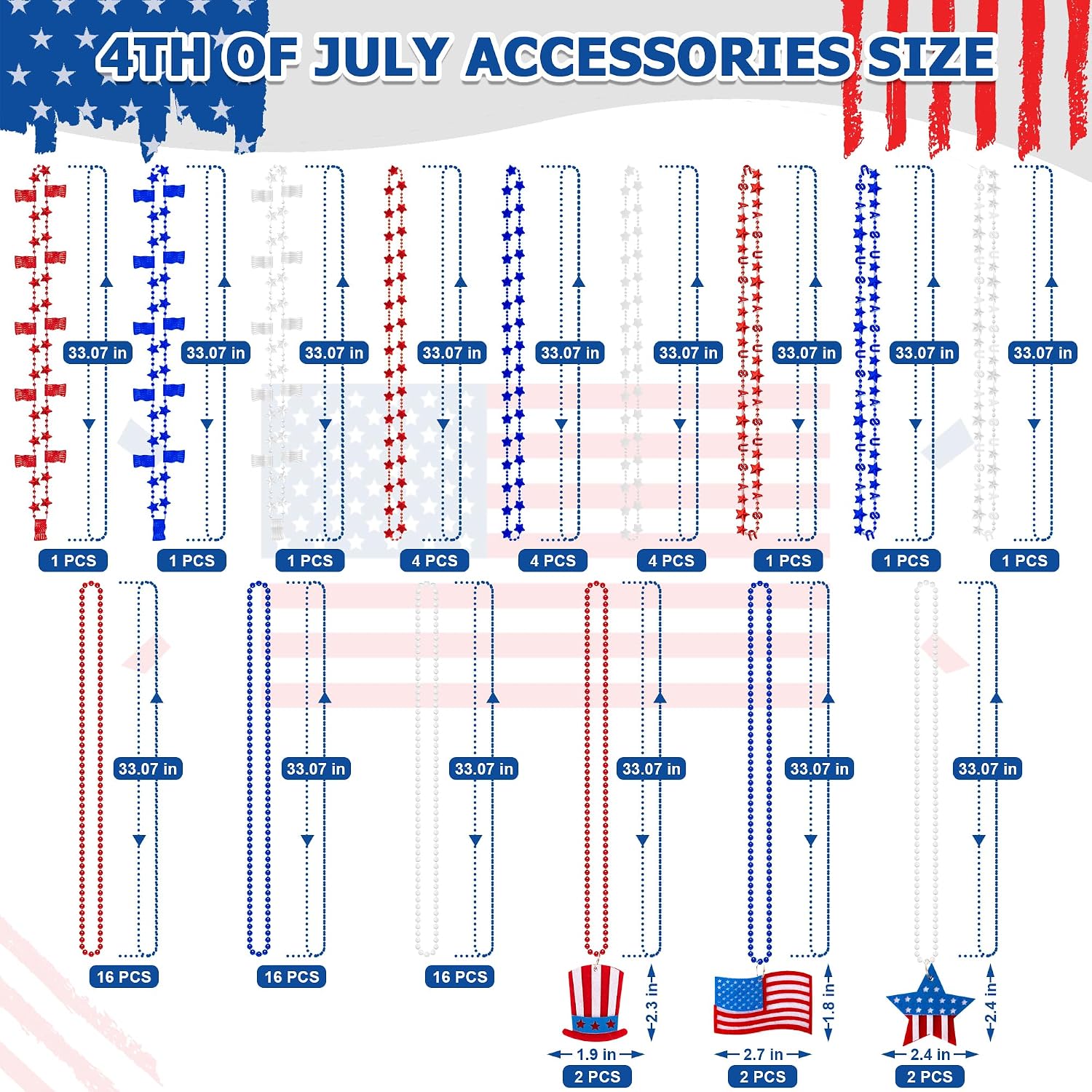 72PCS 4th of July Accessories, Independence Day Bead Necklaces, USA Hat Flags Pendant Patriotic Fourth of July Red Blue White Necklace, Metallic Necklace for Flag Day Parades Party Favors Decorations