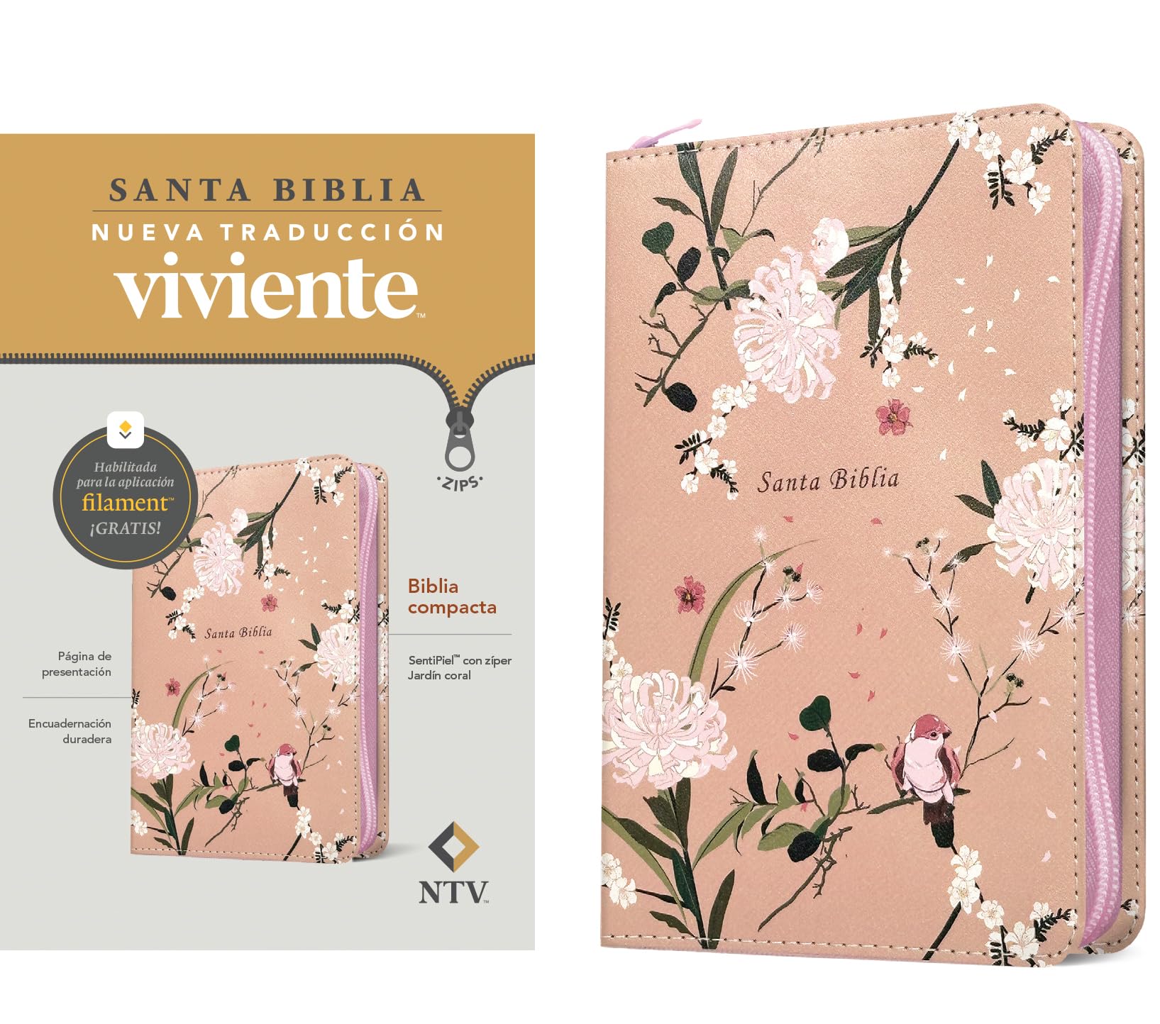 Biblia compacta NTV de zíper, con Filament (SentiPiel, Jardín coral)