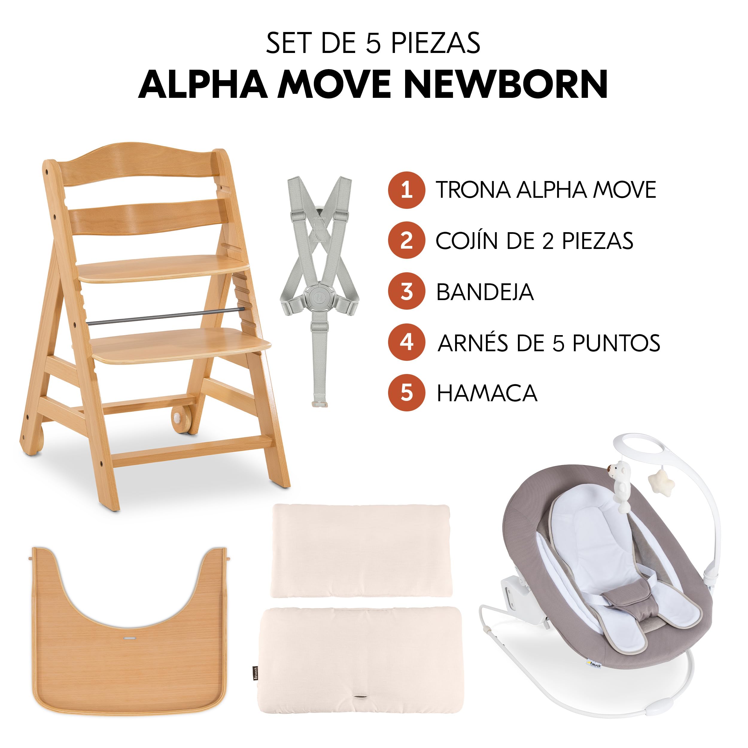 hauck Alpha Move Newborn Deluxe Set de Trona Evolutiva Bebé - Tronas de Madera con Hamaca para Recién Nacido - Móvil - Cojín y Bandeja - Silla Alta Niños Regulable - Natural