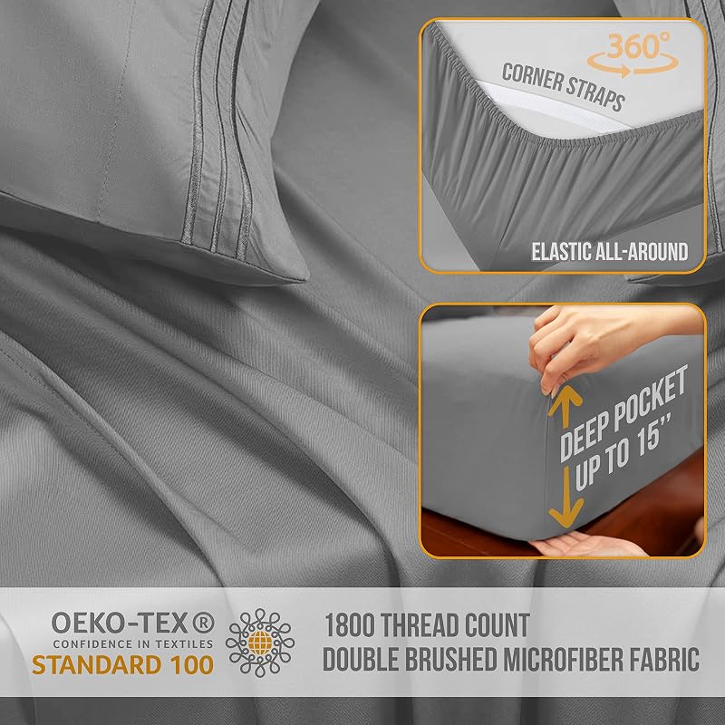 Abeero Home Full Size Bed Sheets with Corner Straps -4pc Light Gray image 4