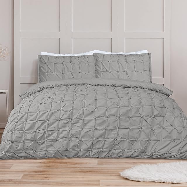 Sleepdown Duvet Cover Set - Grey - Rouched Pleats Geometric Pintuck - Ruched Quilt Cover Easy Care Bed Linen Soft Cosy Bedding Sets with Pillowcase - Single (135cm x 220cm)