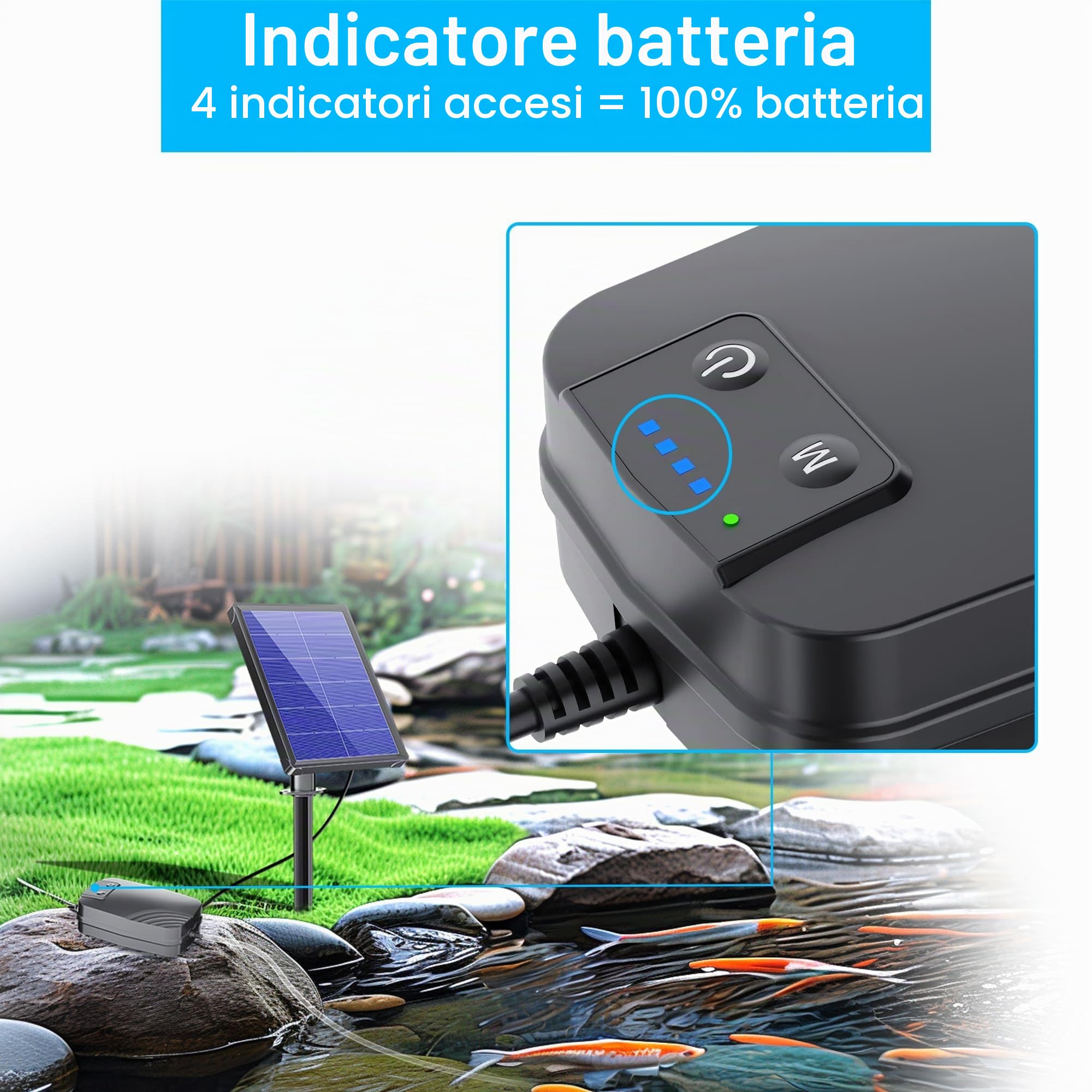 Biling Aeratore per Stagno, Pompa di Ossigeno per Stagno Solare, 4W, per Acquario, Pompa di Ossigeno con ack, Pompa ad Ossigeno, Stagno, 3 modalità, 2 Pietre per laghetto da Giardino, Pesca