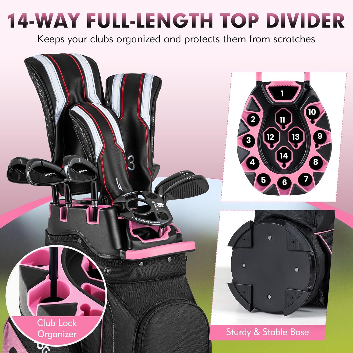 Tangkula Golf Cart Bag with 14-Way Full Length Dividers, 6 Molded Lock Top Golf Club Bag with 11 Pockets, Cooler Bag, Padded Strap, Handles, Umbrella Holder & Rain Hood