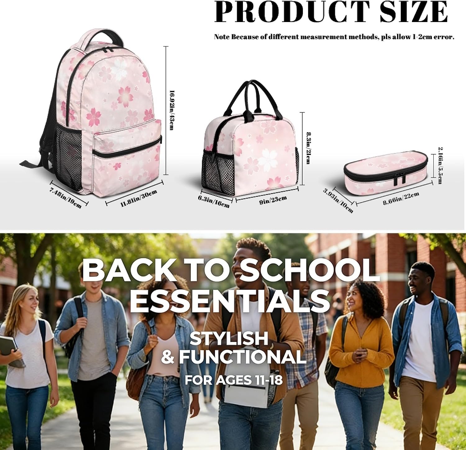 Amzbeauty Girls School Backpack Set Of 3 Pieces Pink Cherry Blossom Print Cute Elementary Student Bookbag With Lunch Box Pencil Case
