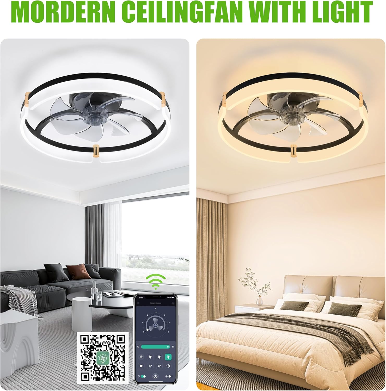 19.7'' Flush Mount Black Ceiling Fan with Lights, Detachable 7-Blade, App & Remote Control, Quiet DC Motor, 3000-6500K Stepless Dimmable LED, 6 Speeds for Bedroom and Living Room