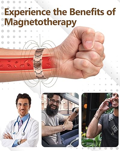 Miniatura 6 de Feraco Pulsera de cobre para hombres 3 veces más fuerza, pulsera de terapia magnética de cobre con potentes imanes de 3800 Gauss, cierre plegable de