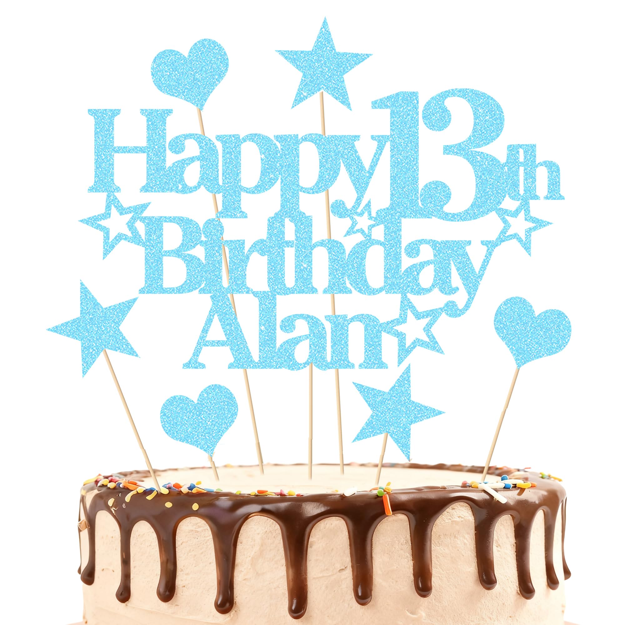 EDSG Personalised Happy Birthday Cake Topper Custom Party Decoration with Any Name Any Age Multicolour Glitter Cake Topper 13th 16th 18th 21st 30th 50th 60th 80th Hand Finished in UK (Baby Blue) โ image 1