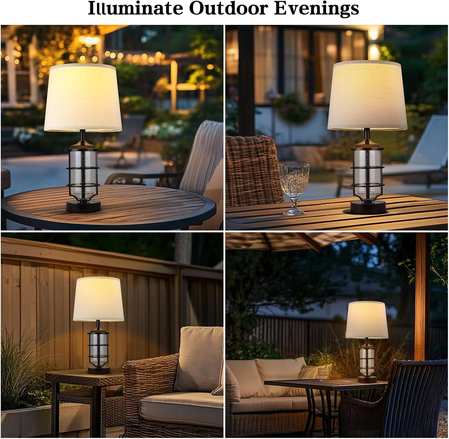 Outdoor Table Lamp, Farmhouse Lamp for Patio Table Decor with Cord, Rustic Table Light with Seeded Glass, 23.5" Plug-in Outdoor Lamps for Patio Waterproof, LED Bulb Included (Black)