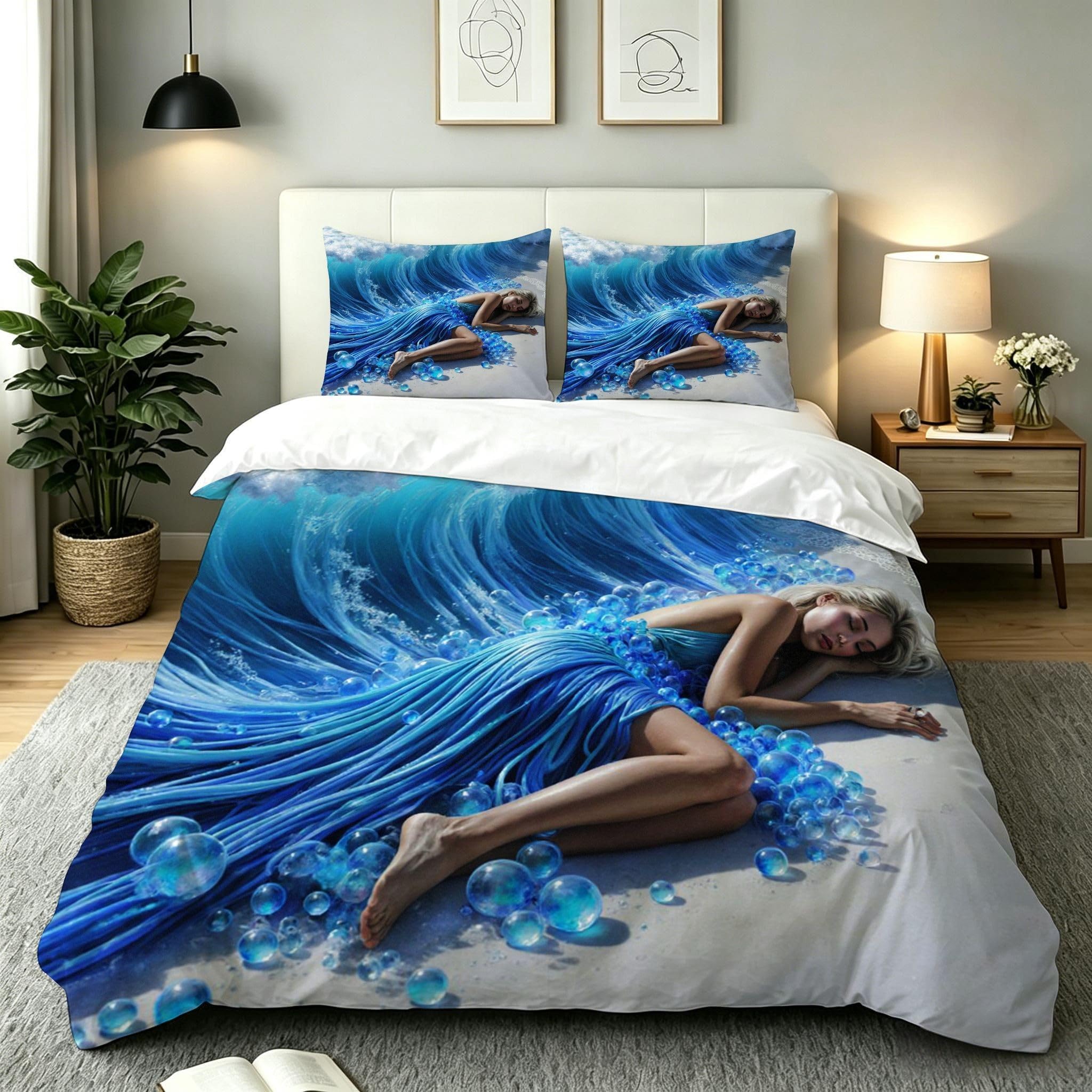 Parure de Lit 220x240 Vague Bleue avec Housse de Couette 3 Pièces