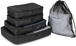 ROOTS Packing Cubes For Luggage With Laundry Bag – Set of Five to Better Organize Your Travel Suitcase, with Mesh Ventilation, Zippered, Made from Recycled Nylon – Black