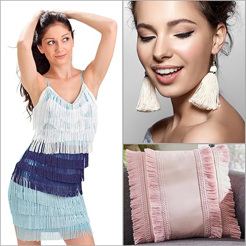 Miniatura 5 de uxcell 10 yardas de 6 pulgadas con flecos de cadeneta y borlas, adorno de encaje de poliéster, para manualidades, manualidades, ropa, color gris y