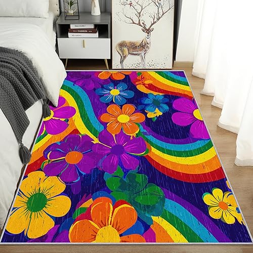 Miniatura 8 de 70's Rugs for Living Room Washable Large 6x9 Area Rugs with Rianbow Floral Daisy Retro Print, Ultra Thin Soft Bedroom Rug, 70's Home Decor Indoor