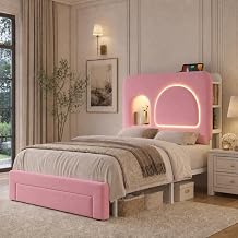 Twin Bed Frame for Girls with Storage Headboard & Charging Station, Pink
