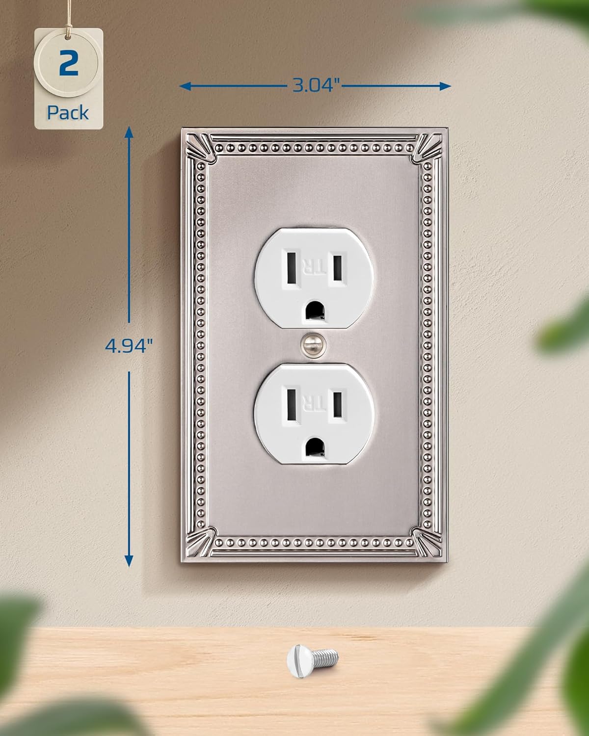 DEWENWILS Sunken Pearls Decorative Wall Plate Switch Plate Outlet Cover, Single Duplex Receptacle Cover(2 Pack,Satin Nickel)
