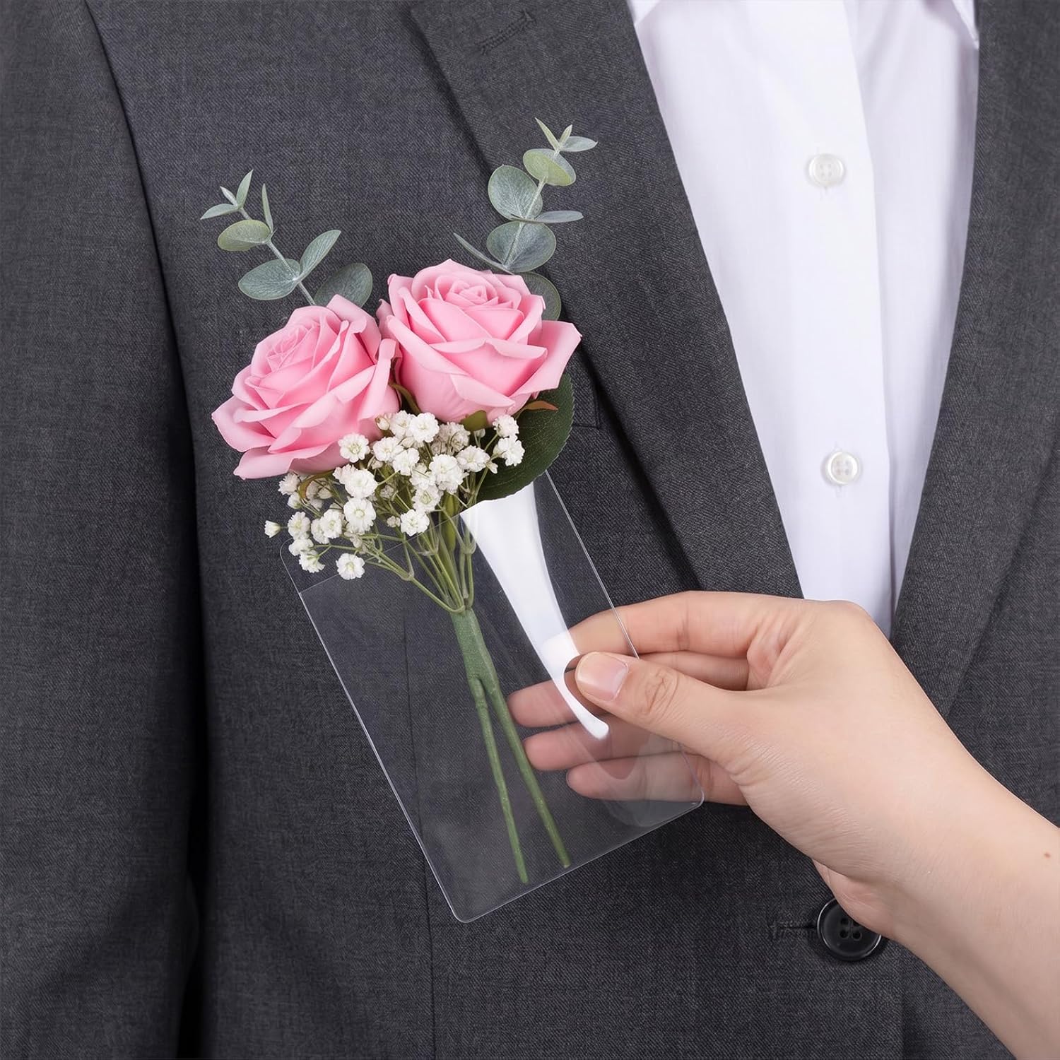 22 PCS Pocket Boutonniere Holder Square, Plastic Flower Sleeve Boutonniere Supplies, No Lapel Pin Required Insert for Men Wedding Groomsmen Groom Suits Pocket Prom, Flowers Not Included image 3