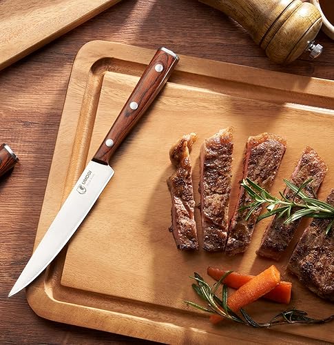 Miniatura 10 de Juego de 6 cuchillos para carne de alta gama, caja de regalo, mango de madera natural negro, acero inoxidable alemán, borde recto, no dentado,