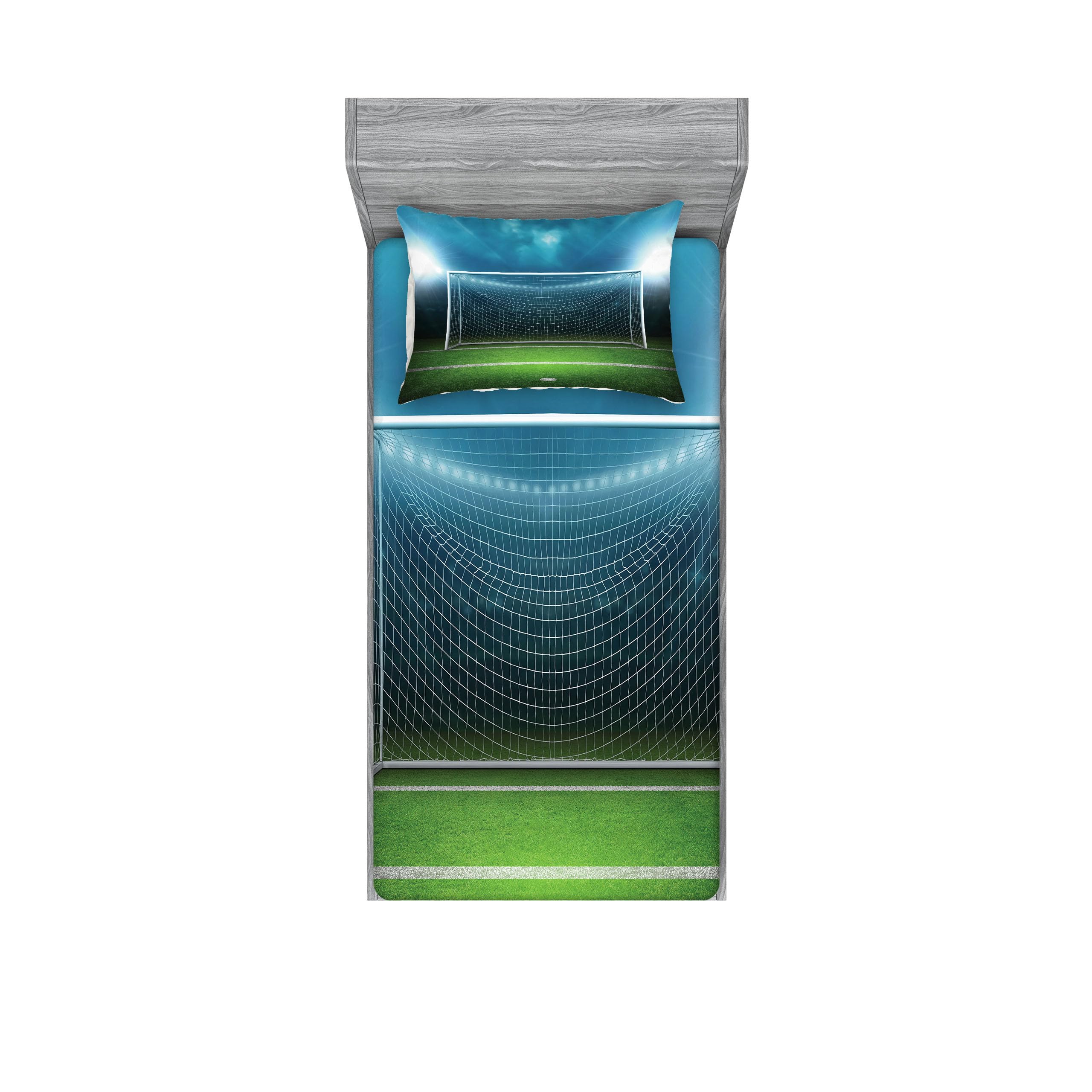 Ambesonne Soccer Fitted Sheet & Pillow Sham Set, Soccer Goal Post Sports Area Winner Loser Line Floodlit Best Team Finals Game Theme, Decorative Printed 2 Piece Bedding Decor Set, Twinxl, Aqua Green