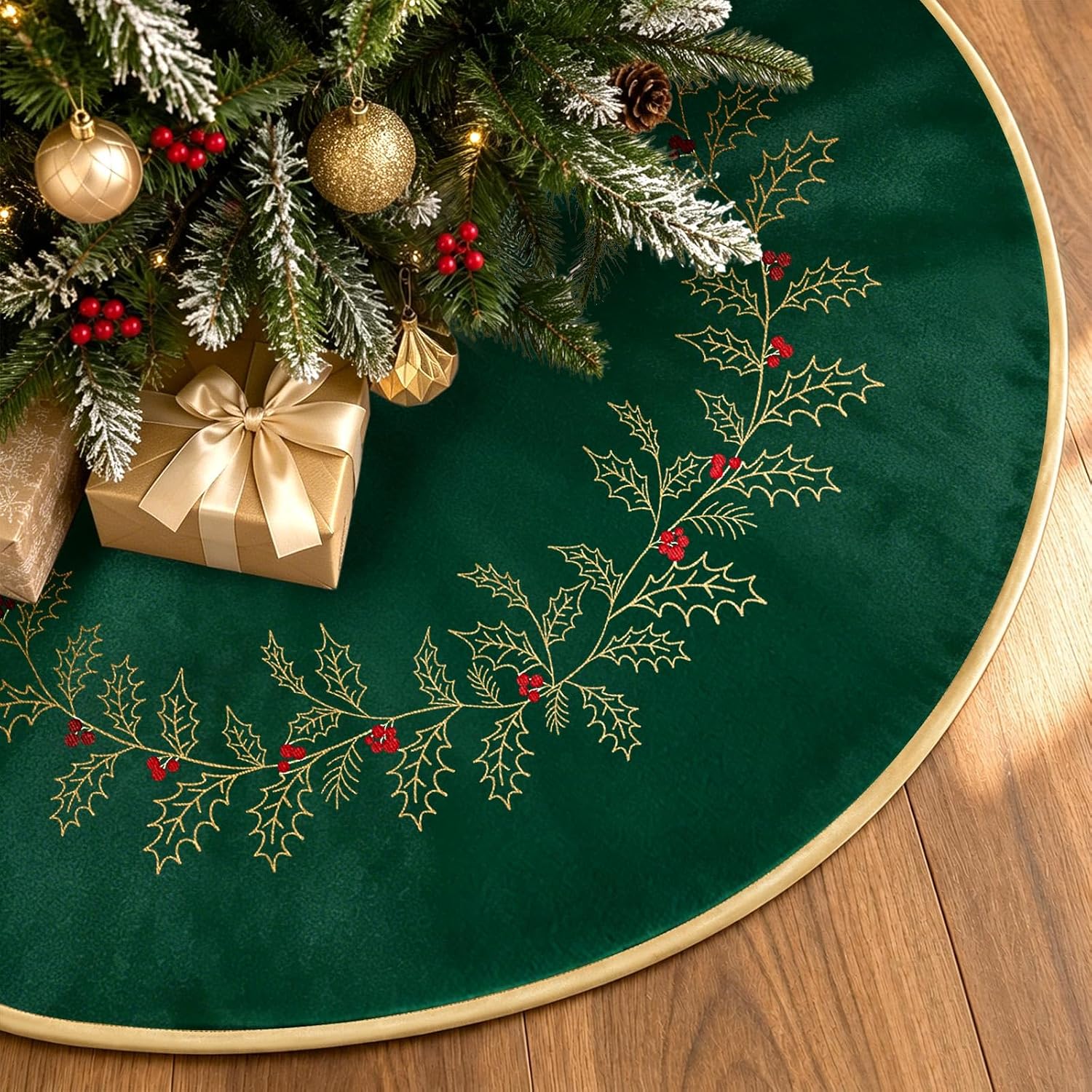 Christmas Tree Skirt Embroidered Holly Leaves, 36" Green Velvet Home Decor