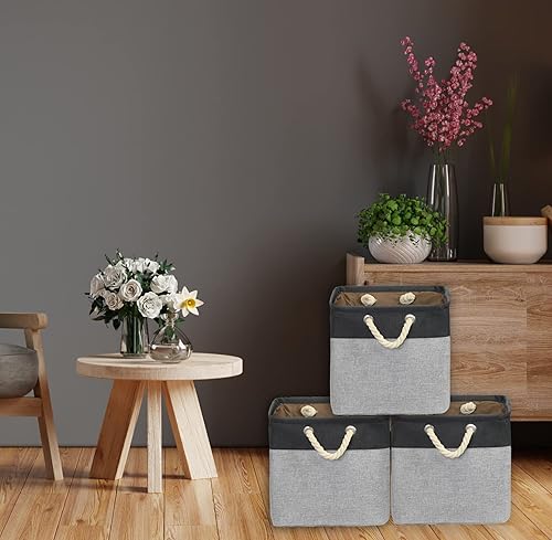 Miniatura 50 de Simple Houseware Contenedor grande de tela de almacenamiento, 14.4 x 10 pulgadas con asas, paquete de 3, organizador plegable para armario y Gris