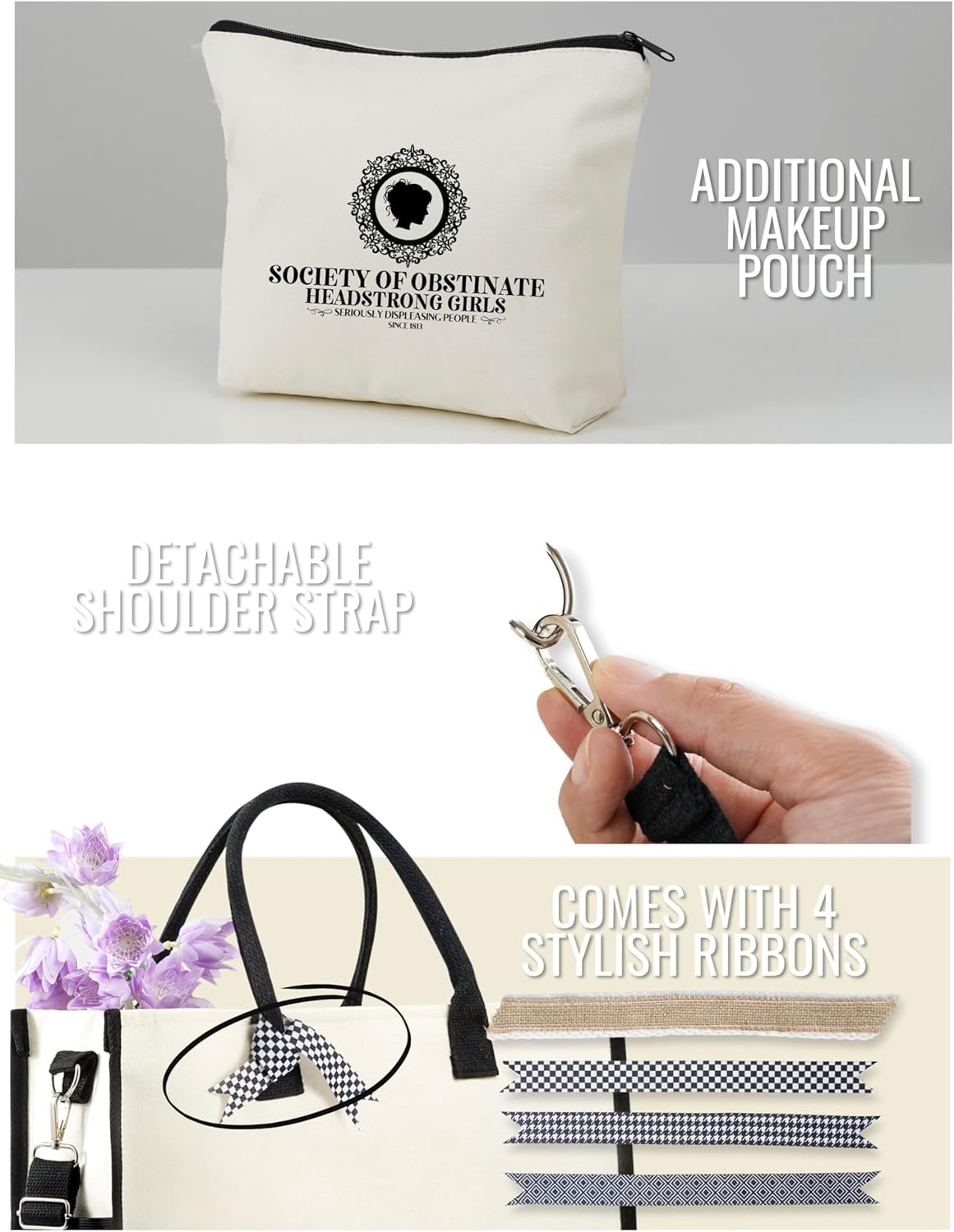 InnoBeta Jane Austen Gifts Canvas Tote Bag, Jane Austen Bag with Top Zipper Closure and Shoulder Strap for Birthday, Mother's Day, Christmas