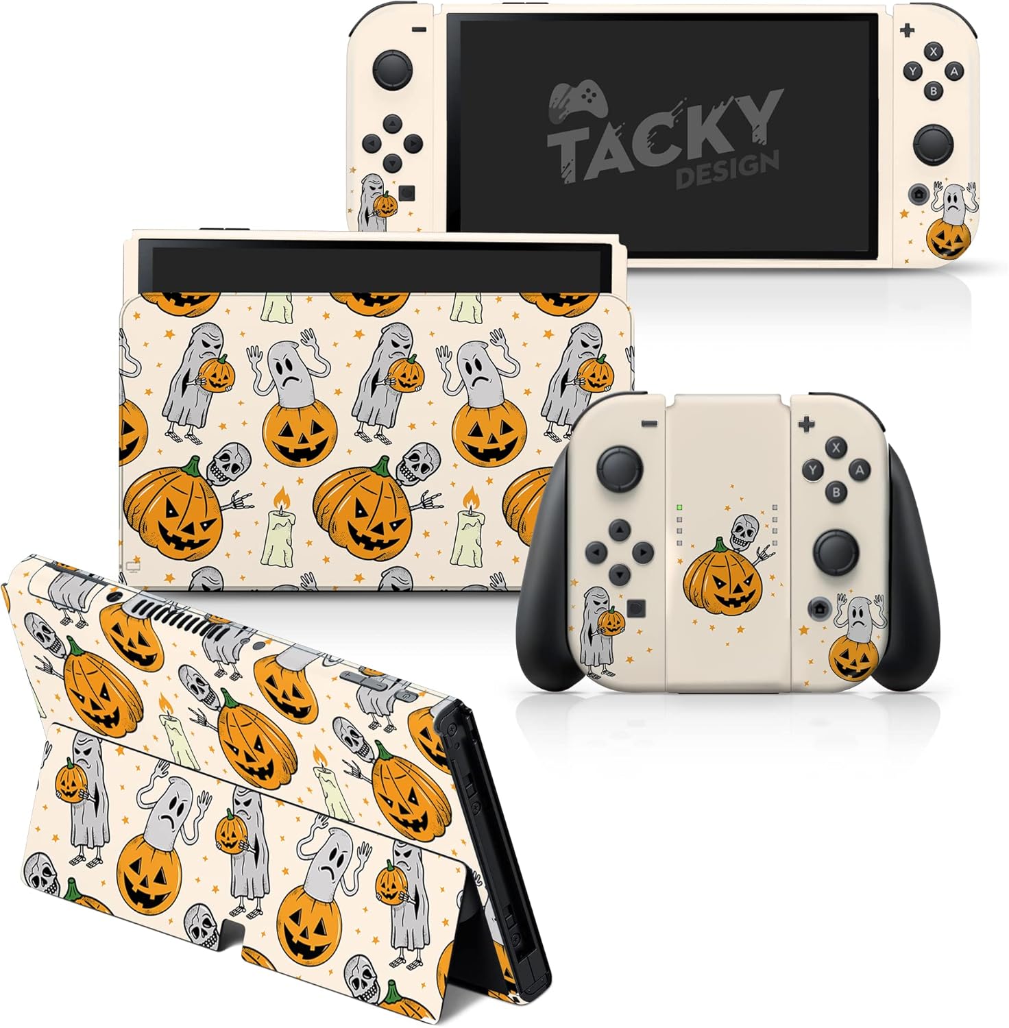 TACKY DESIGN Pumpkin Skin Compatible with Nintendo Switch OLED, Premium Vinyl 3M Full Wrap Decal, Halloween Skin for Nintendo Switch OLED, Beige