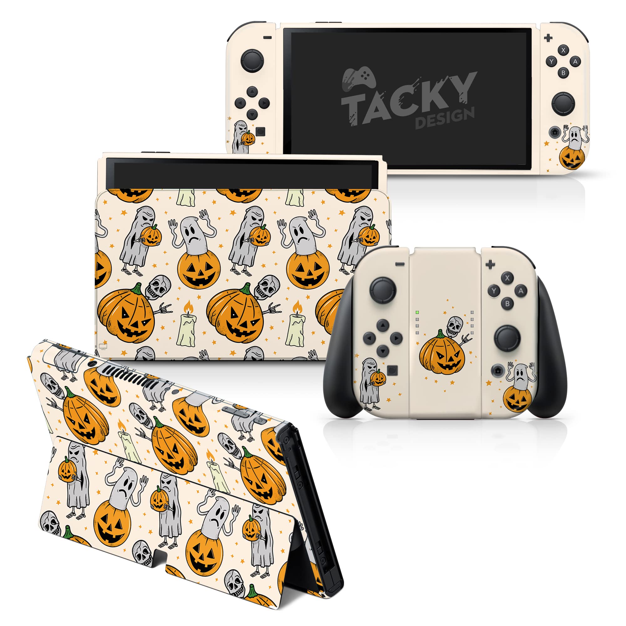 TACKY DESIGN Pumpkinskin compatibile con Nintendo Switch OLED Skin Halloween - Vinile 3M Nintendo Switch OLED Sticker Set - Spooky Switch OLED Skin per Console, Dock, Joy Con -Decal Full Wrap