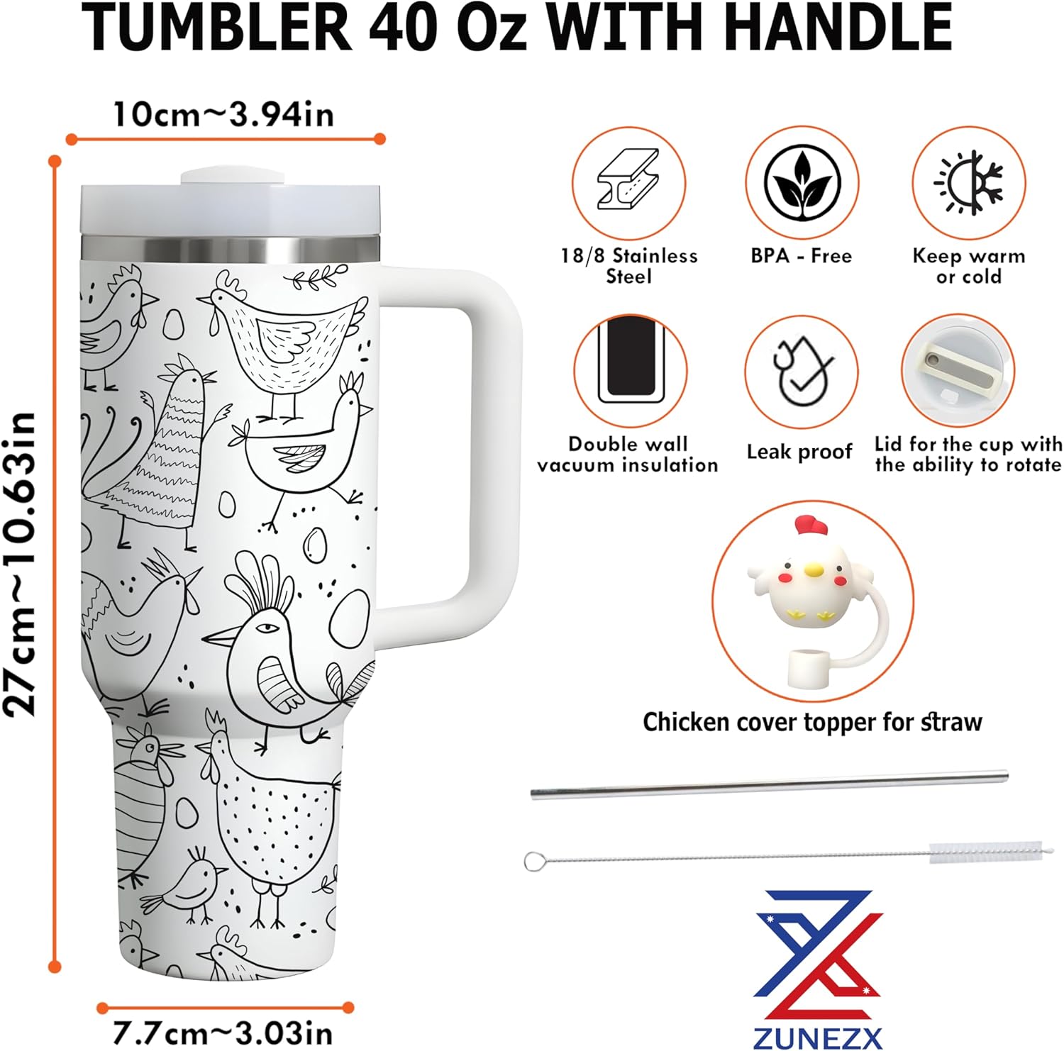 40Oz Chicken Tumbler with Handle & Straw, Chick Straw Cover - Ideal for Chicken Lady, Chicken Cups - Perfect Chicken Mom Gifts for Birthday, Christmas, Decorations, Gifts for People with Chickens - Image 3