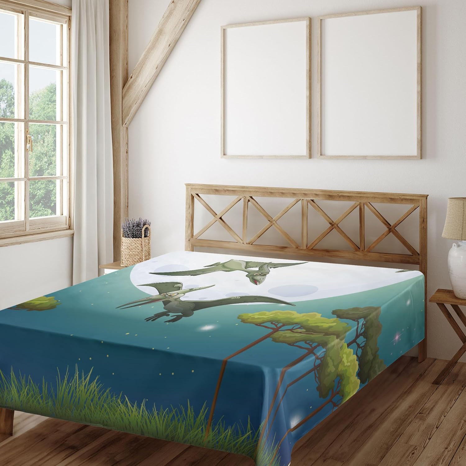 Ambesonne Dinosaur Flat Sheet, Cartoon Style Dinosaurs Flying on Full Moon Night Enchanted Forest, Soft and Comfortable Top Sheet Decorative Bedding 1 Piece, Full Size, Green White Blue