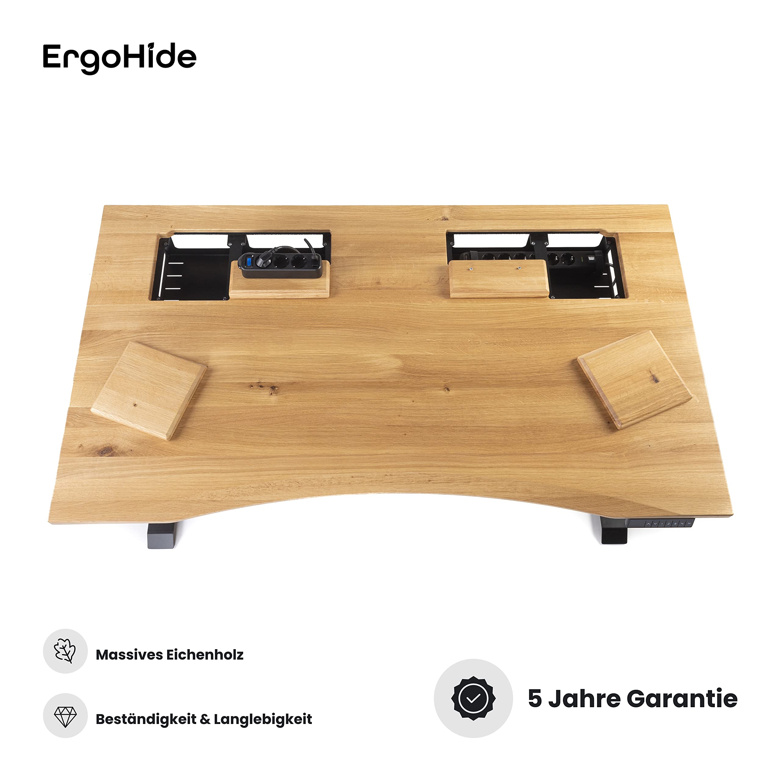 ErgoHide® Höhenverstellbarer Schreibtisch aus Massivholz mit erweitertem Kabelmanagement/Kabelkanal (Eiche, Schwarz, Ergonomisch, 150x80cm)