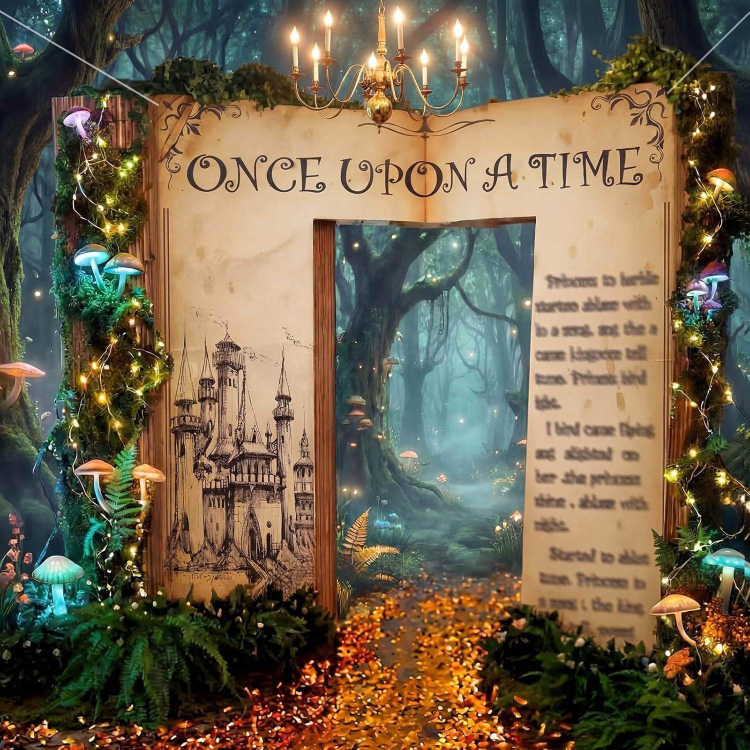 Preboun 6.56 x 7.22 ft Once Upon a Time Party Decoration Book Backdrop Vintage Fairy Princess Magical Backdrop Retro Castle Background Hanging Sign for Wedding Birthday Bridal Shower Party Photo Props
