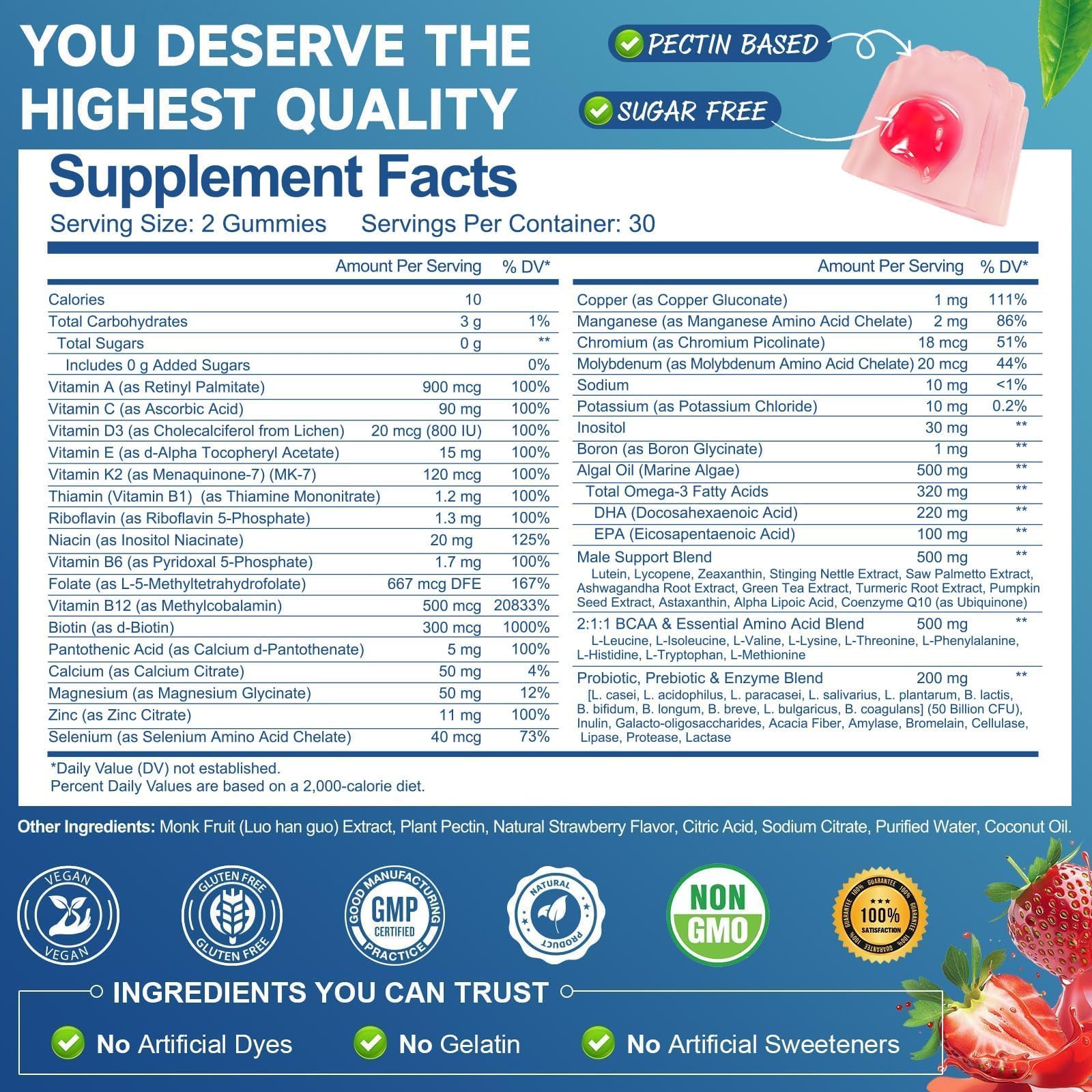 Totaria Sugar Free Multivitamin for Men with Omega 3, Probiotics, Mens Multivitamins Gummies w/Methylated B Complex, EAAs, Lycopene, Zinc, for Daily Energy, Immune, Heart, Iron Free, 60 Count — Amazon image 9