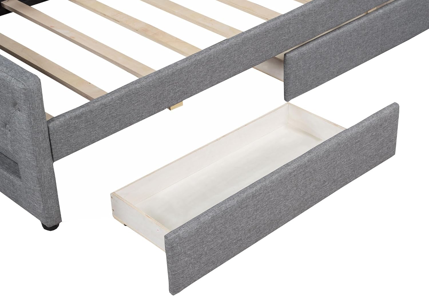 Twin XL Daybed with 2 Storage Drawers and LED Light, Tufted Design Linen Bed Frame with Wooden Slat Support, No Box Spring Needed, Easy Assemble (Grey)