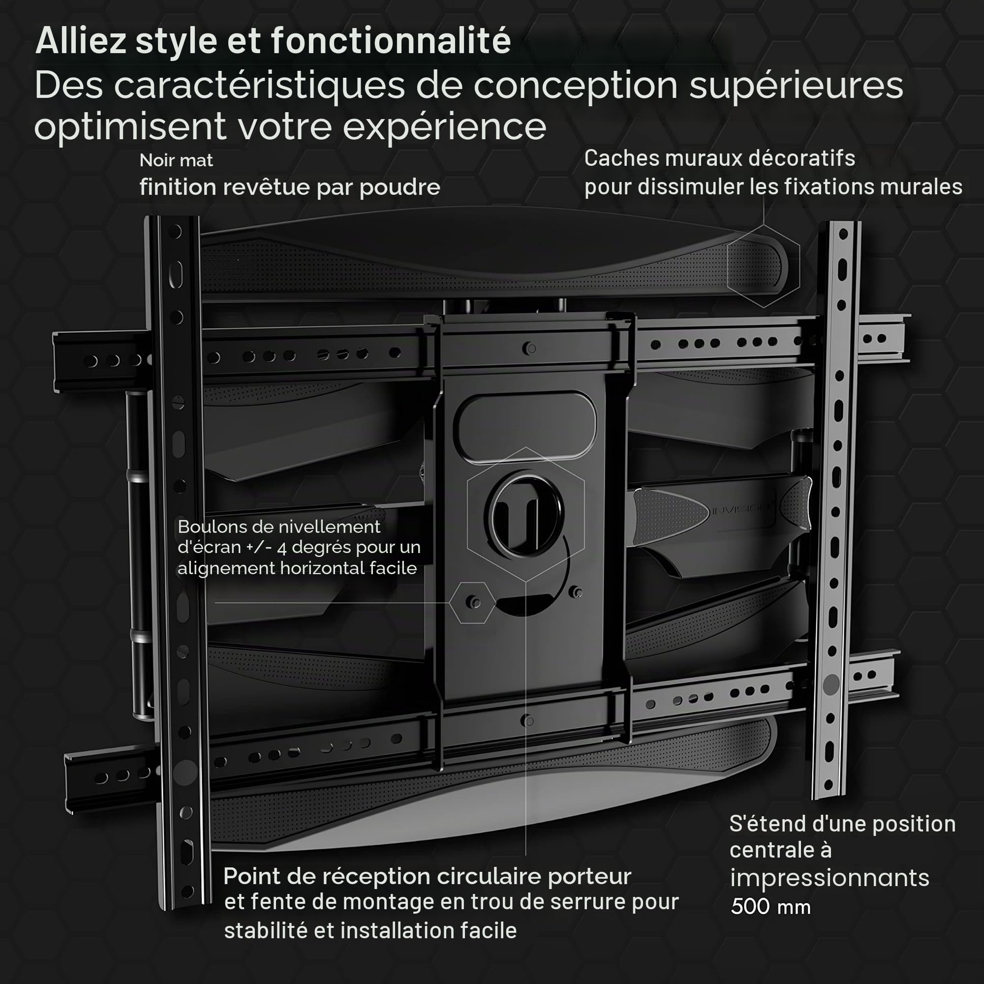 Invision Support TV Mural Bras Double pour 37 à 75 Pouces Écrans, Ultra Forte Inclinable Orientable et Étendre avec Niveau à Bulle, VESA 200x200mm à 600mm(l) x 400mm(h), Jusqu'à 50kg (DXL-IA)