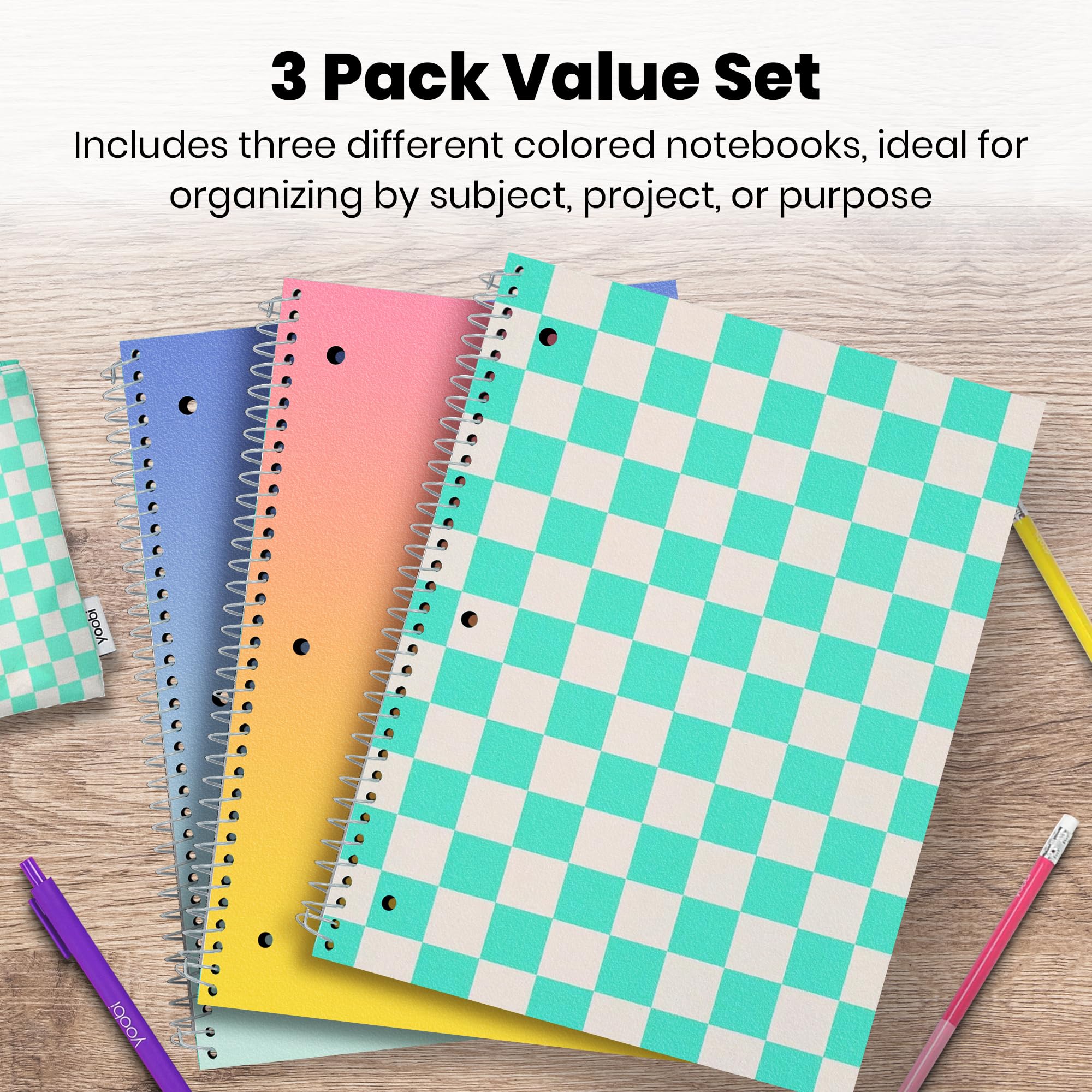 Yoobi Juego de cuadernos en espiral de rayas anchas, paquete de 3 cuadernos de 1 materia, diseños rosa brillante, azul y verde, 150 hojas perforadas de 3 agujeros cada una, para la escuela, la oficina