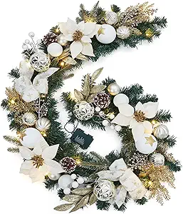 GarveeHome 6 Ft Pre-Lit Christmas Garland, Battery Operated Lighted Xmas Garland with 20 Lights & Timer, Christmas Garlands with Lights for Mantle Table Centerpiece Indoor Outdoor Decor,White