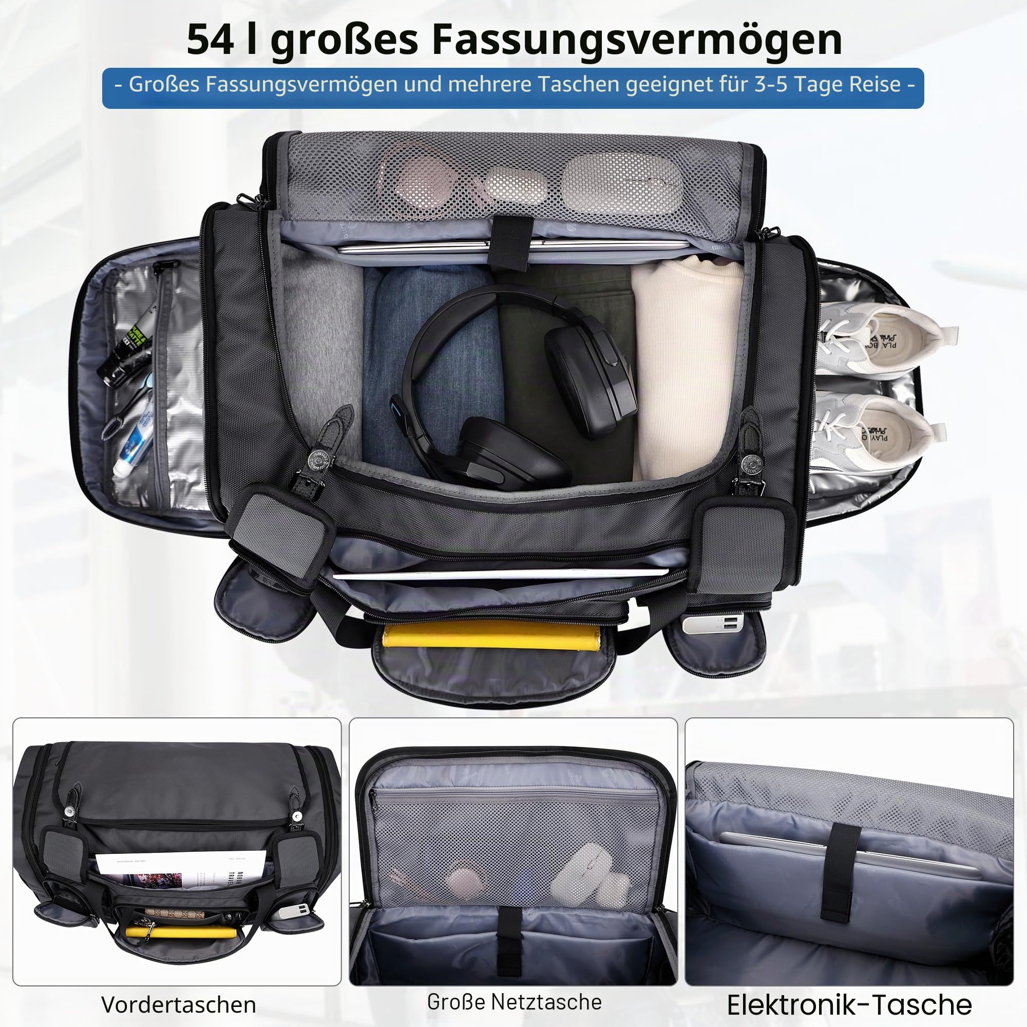 WITZMAN Reisetasche Herren Weekender Duffle Bag Groß 54L Sporttasche mit Schuhfach und Nassfach für Gym(B717 Silbergrau)