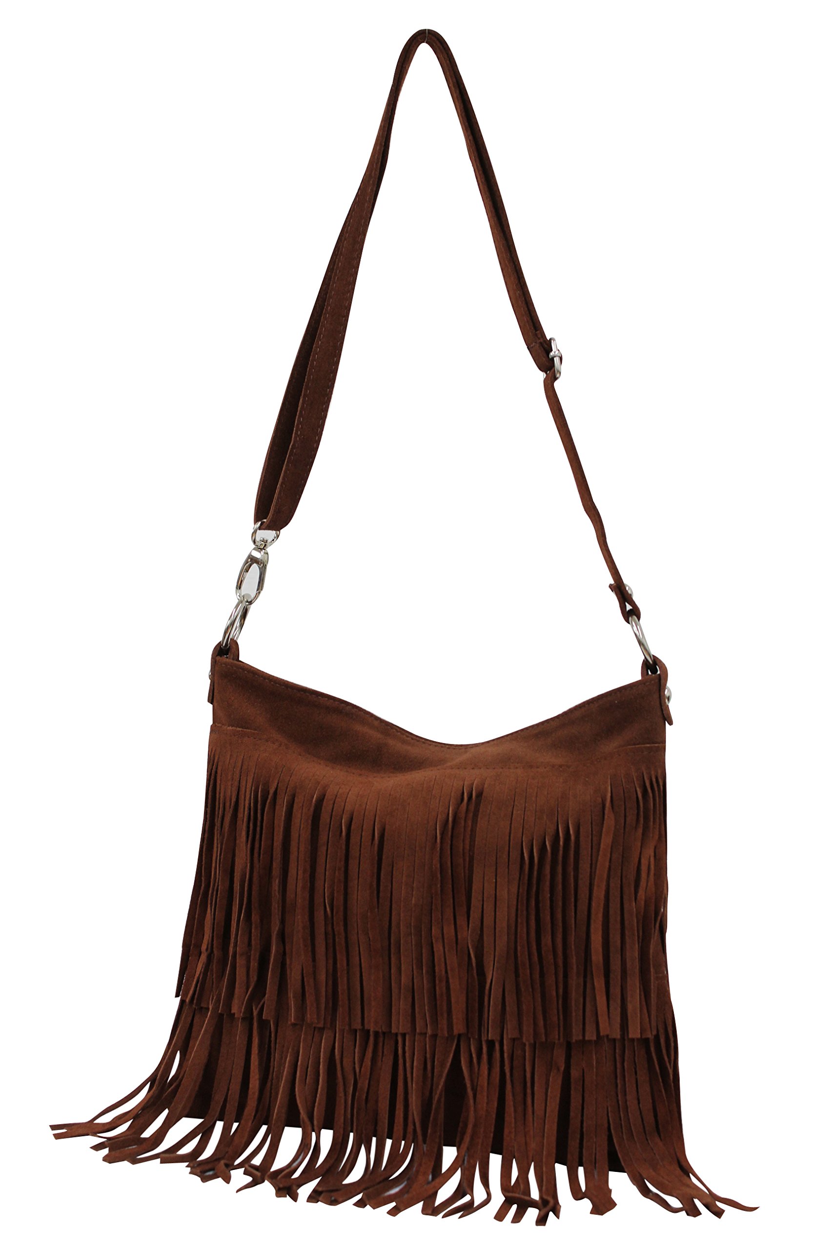 AMBRA moda donna, WL809, borsa da donna con frange, a tracolla, in pelle scamosciata, 32 cm x 29 cm x 2 cm
