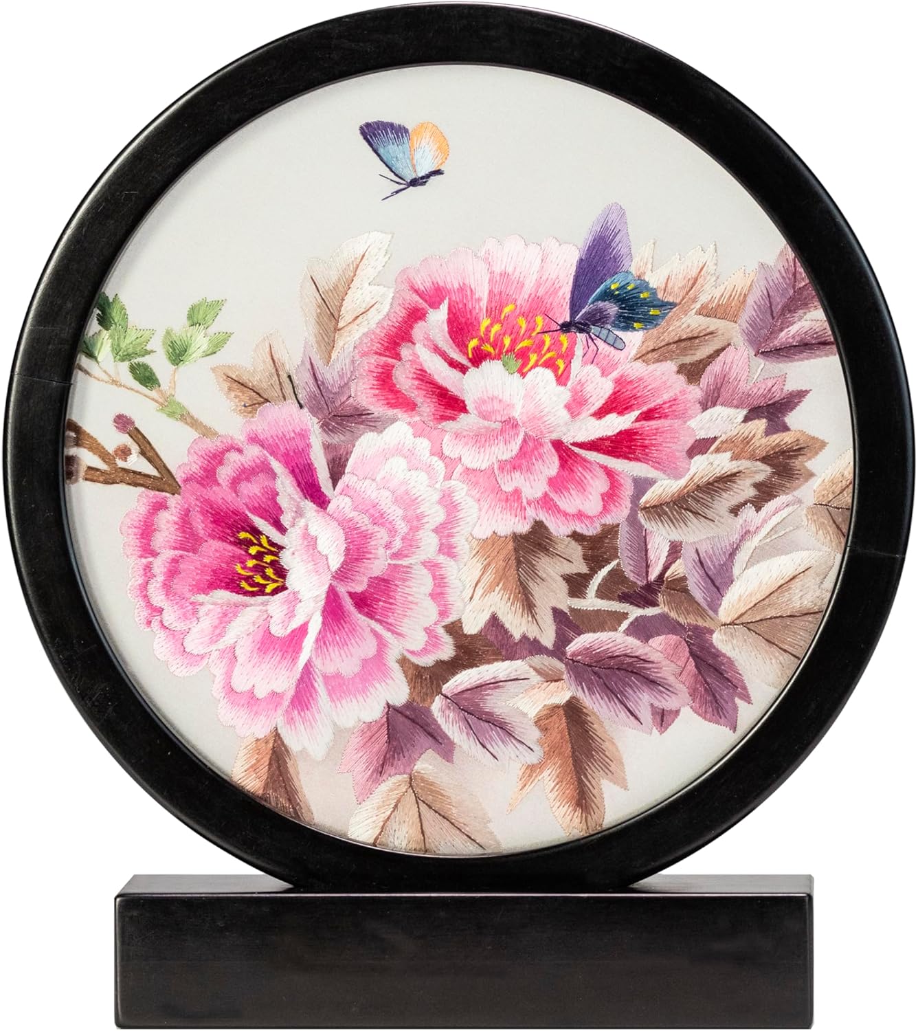 Ebherys Hand Embroidery Art, 8” Glass Round Screen for Desk Top, Handmade Silk Embroiery with Solid Purple SandalWood Frame, Two Sides with Same Pink Peony Image for Home and Office Decor (Peony)