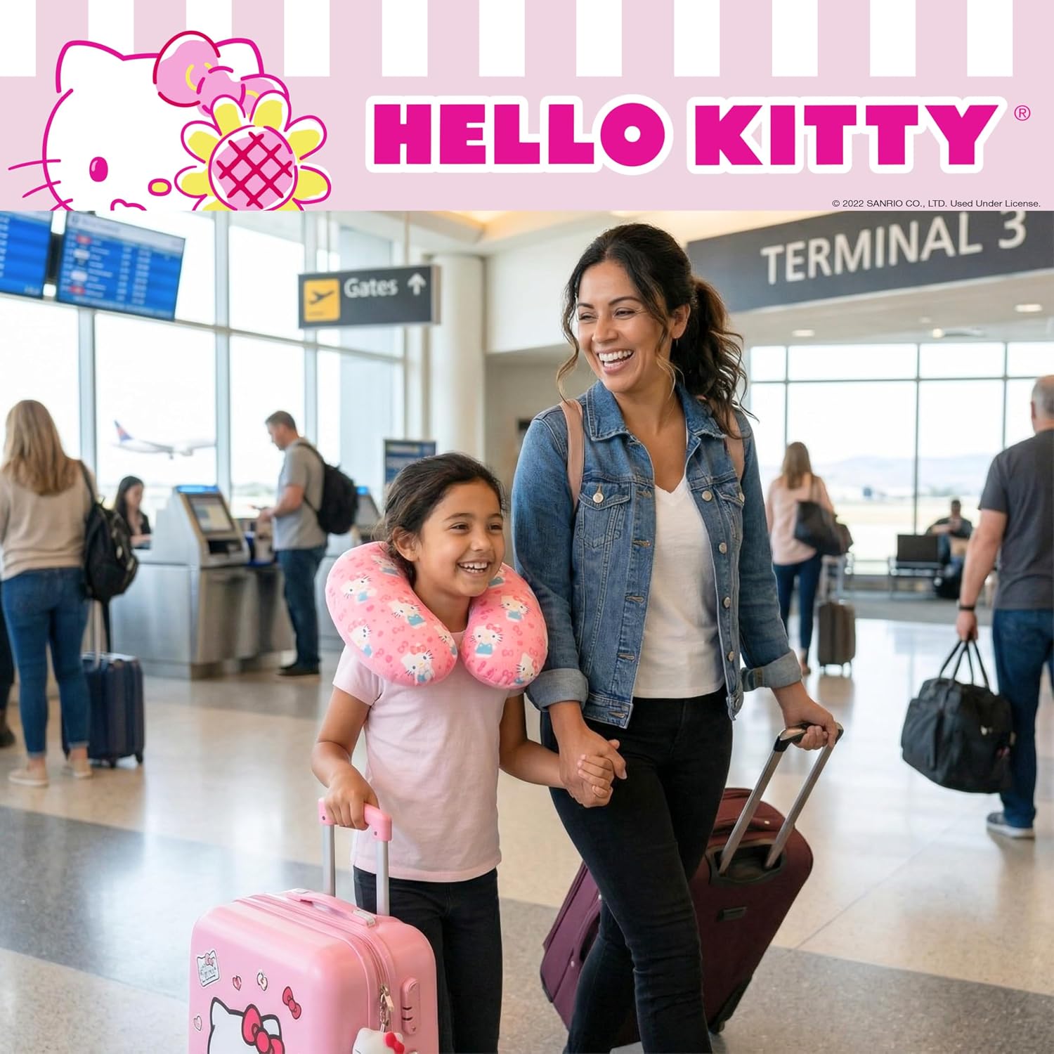 Hello Kitty Pink Neck Pillow, Super Soft Travel Accessories for Airplane, Car Rides, and Home, Sanrio Gift for Kids & Adults, (Officially Licensed Product) By Franco
