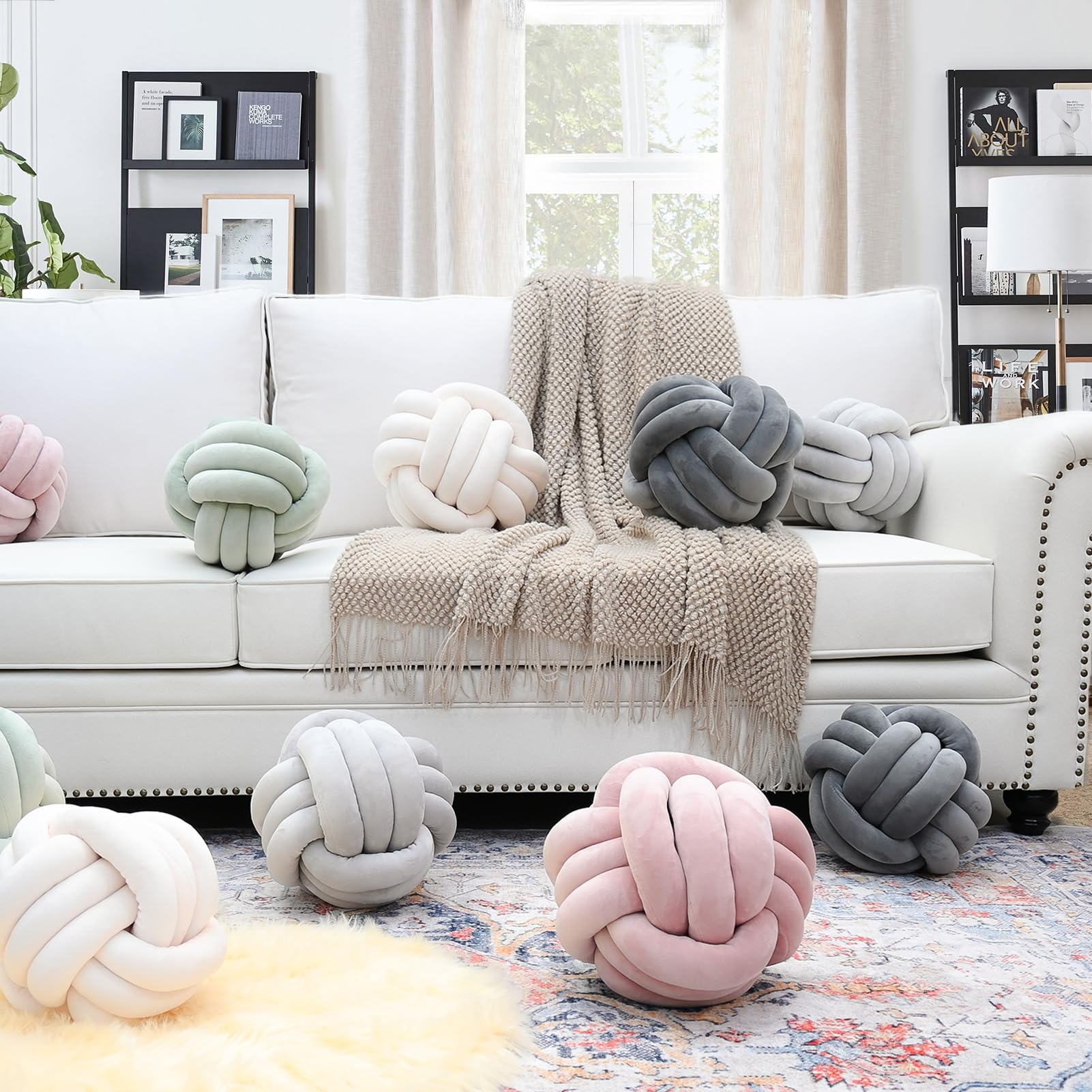Cuscino a sfera in peluche con nodo, per camera da letto, divano, letto