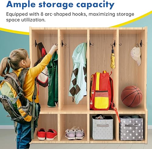Miniatura 3 de Armario de abrigos para niños con banco, muebles naturales para niños pequeños de 4 secciones para almacenamiento organizado (4 secciones)