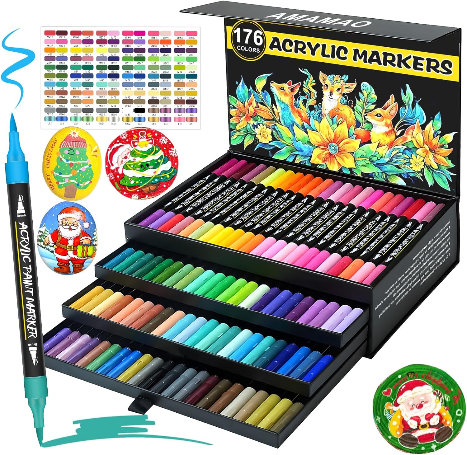 Amamao 176 Colors Acrylic Paint Markers Pens Set,88 Pack Brush Acrylic Paint Markers for Rock Painting Fabric Plastic Wood Canvas Stone Glass Paper DIY Craft Supplies