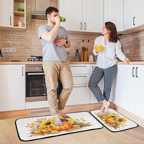 Miniatura 7 de Juego de 2 alfombras de cocina de otoño con diseño de girasoles de calabaza, girasoles, alfombra de corredor, lavable, antideslizante, lavable,