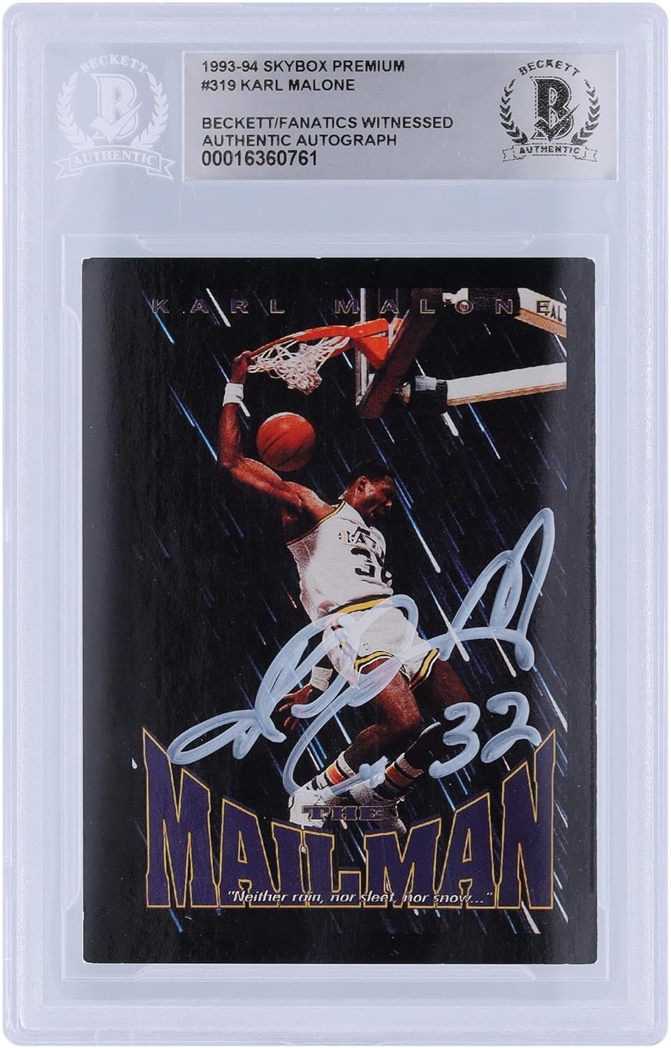 Karl Malone Utah Jazz Autographed 1993-94 Skybox Premium #319 Beckett Fanatics Witnessed Authenticated Card - Basketball Autographed Cards