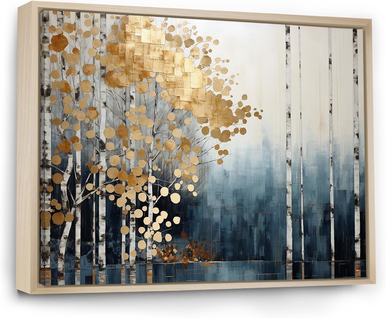 DesignQ Forest Wall Art, Blue And Gold Minimalist Forest, Forest Wall art decor, beige Canvas wall art, 44x34 inches