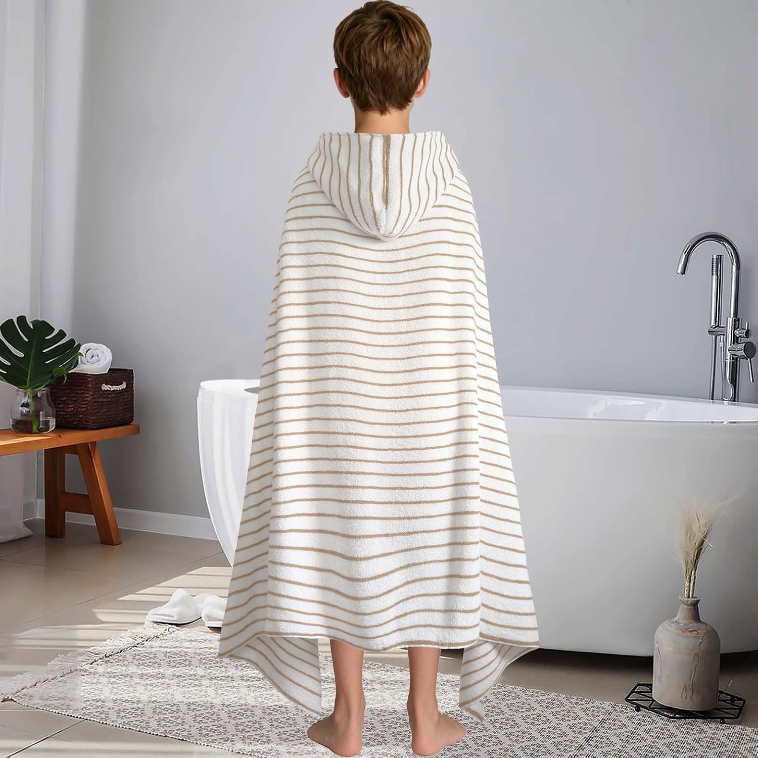  Big Kids Hooded Bath Wrap, 12+,100% Cotton,Thick,White Brown | Classic Solid Tone Design, Soft, Absorbent  Quick Dry, Perfect for Bath, Pool, Swim and Beach Use thumbnail