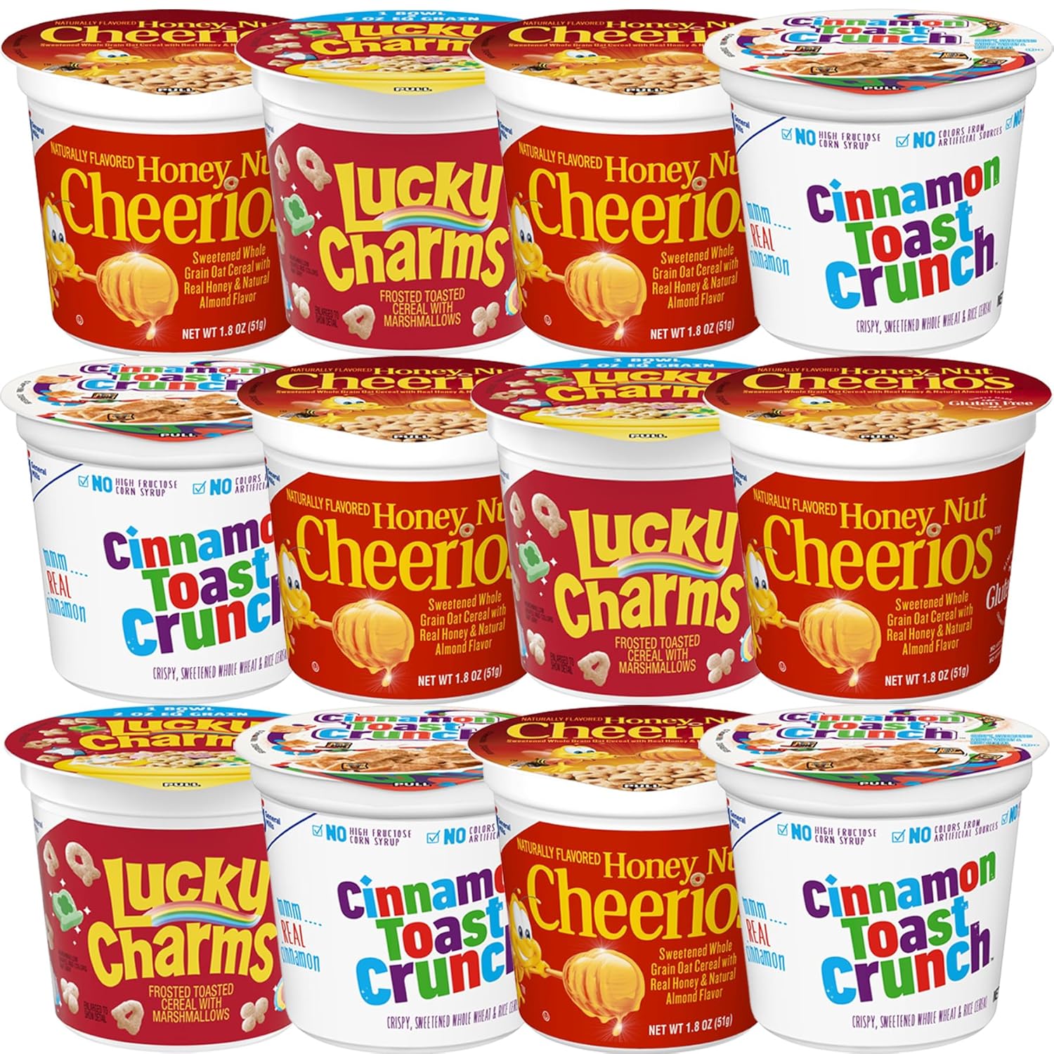 Cereal Cups Variety Pack - Single Serve Breakfast Cereal Assortment - Honey Nut Cheerios, Lucky Charms, Cinnamon Toast Crunch - Care Package Gift Box (12 Count)